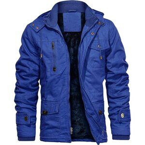 Mens Royal Blue Thick Winter Jacket Hooded Fleece Lined Cotton Military Coat